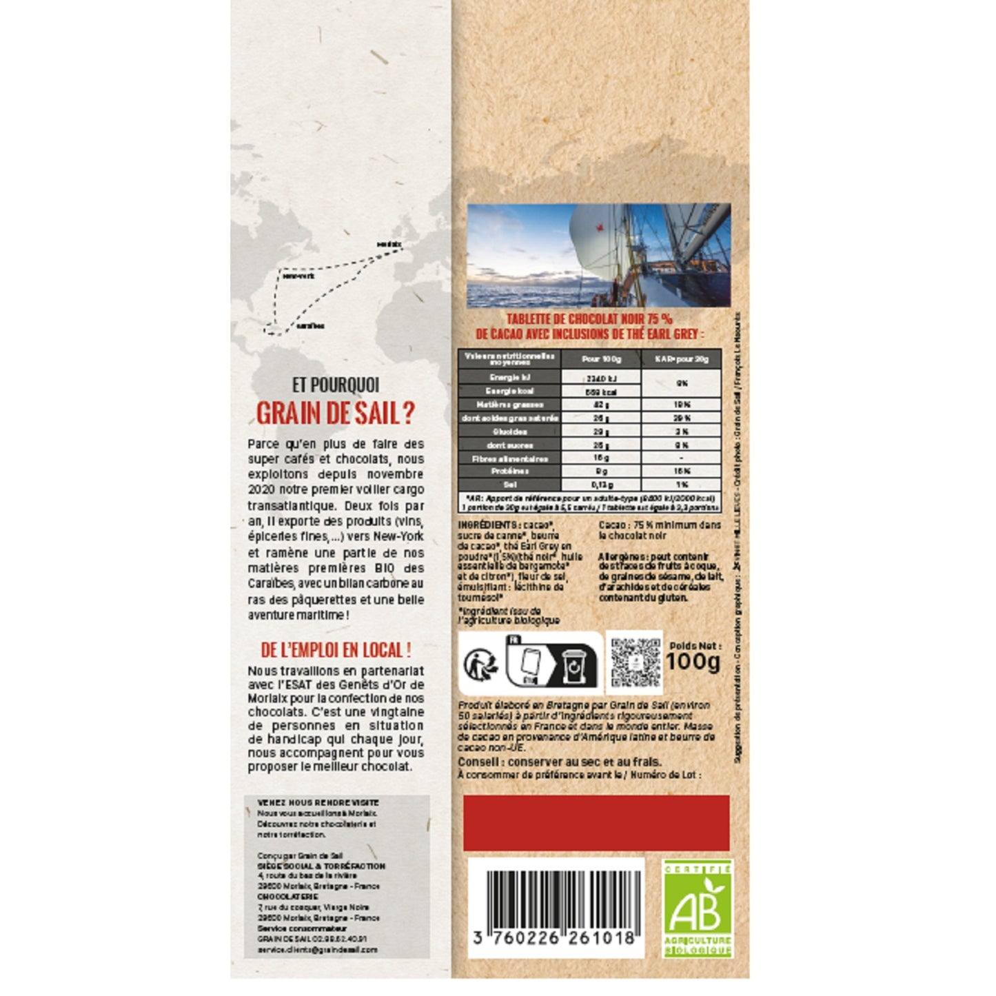 Tablette de Chocolat noir 75% de cacao thé earl grey GRAIN DE SAIL 