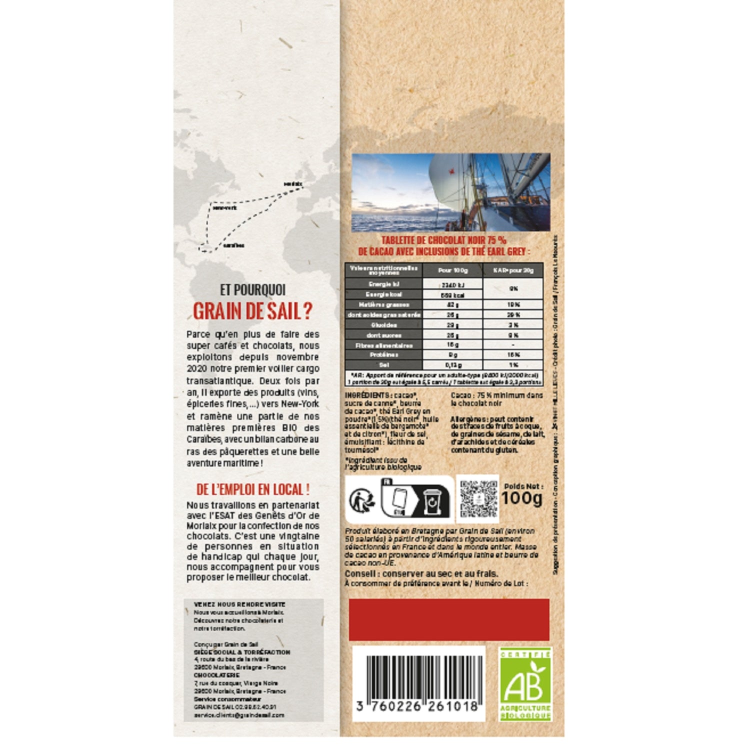 Tablette de Chocolat noir 75% de cacao thé earl grey GRAIN DE SAIL 