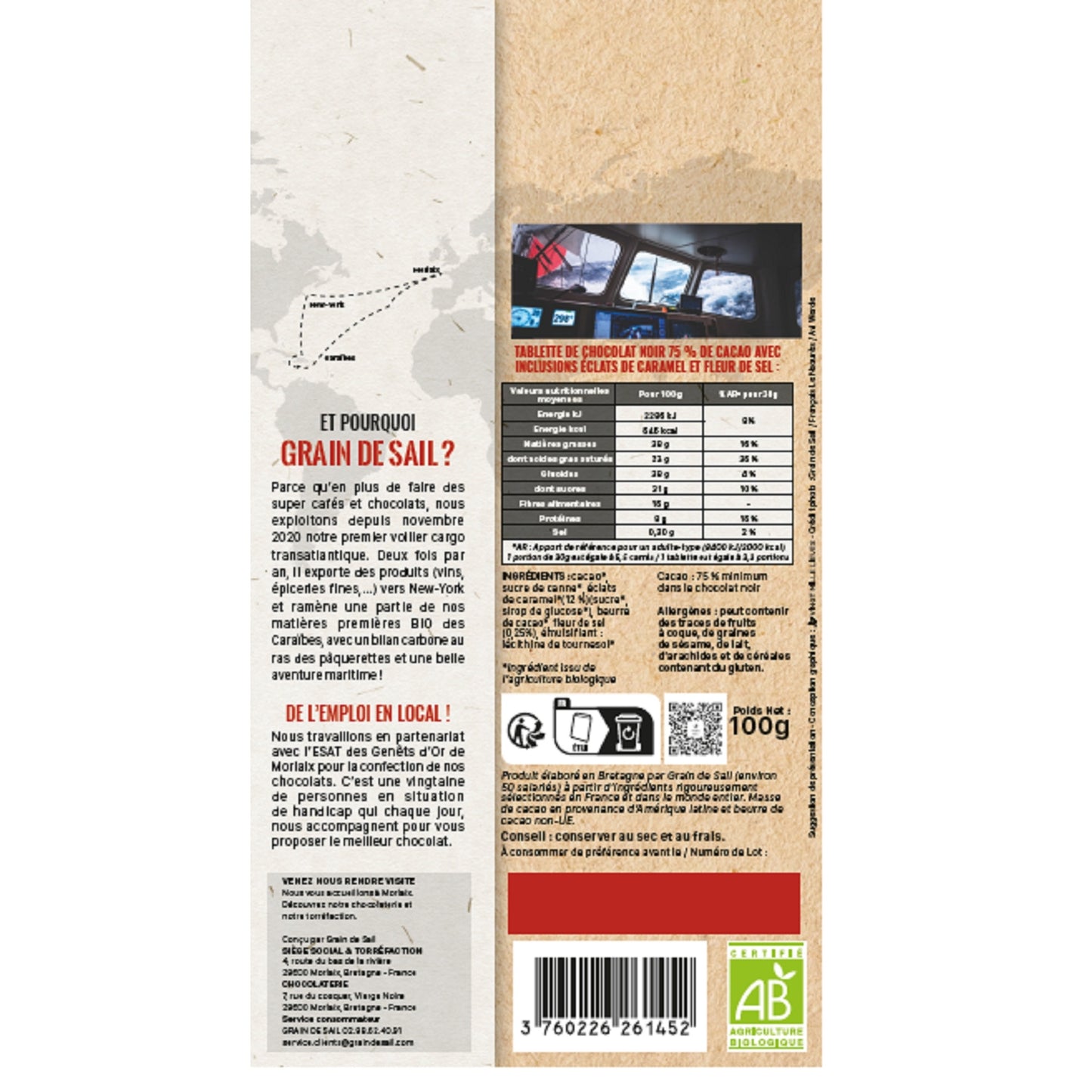 Tablette de Chocolat Noir Grain de Sail Caramel et Fleur de Sel Bio GRAIN DE SAIL 