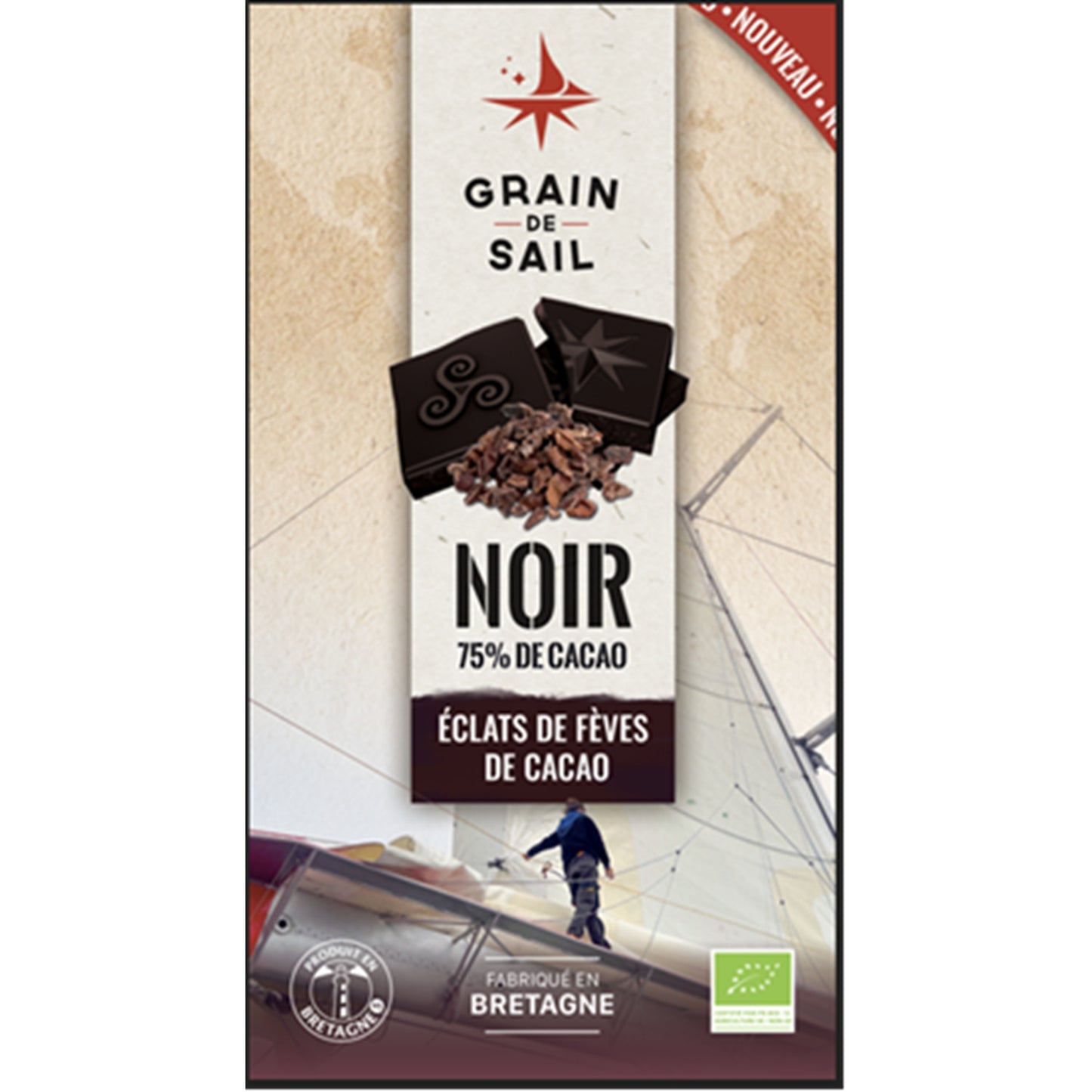 Tablette de chocolat Noir 75% cacao éclats de fèves de cacao Bio GRAIN DE SAIL 