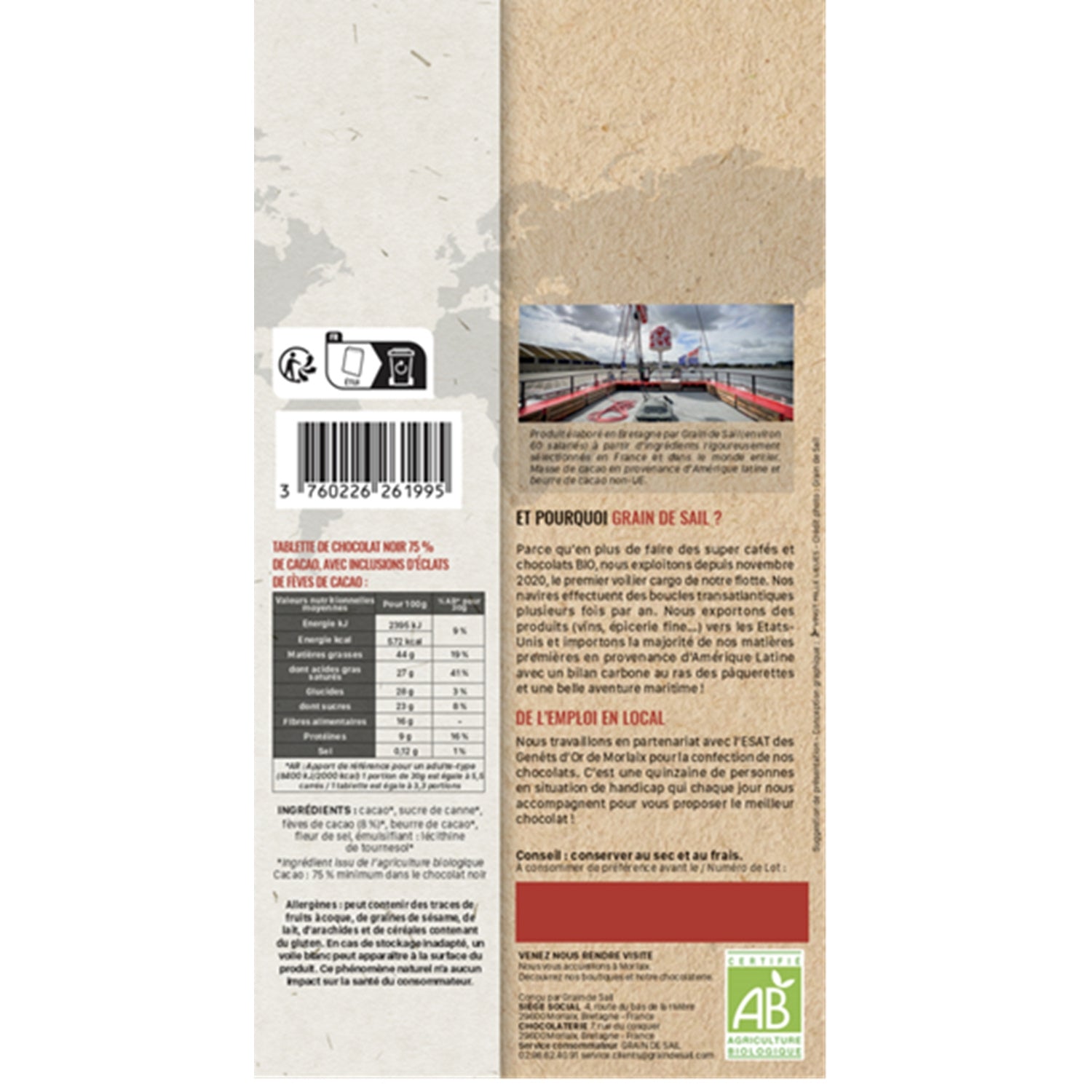 Tablette de chocolat Noir 75% cacao éclats de fèves de cacao Bio GRAIN DE SAIL 