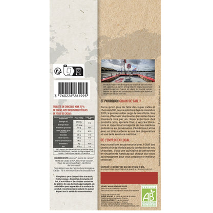 Tablette de chocolat Noir 75% cacao éclats de fèves de cacao Bio GRAIN DE SAIL 