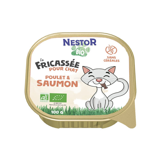 Pâtée pour Chat Adulte Sans Céréales Poulet Saumon NESTOR BIO La barquette de 100g