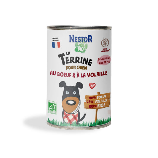 Pâtée pour Chien Terrine Sans Céréales Boeuf Volaile Bio NESTOR BIO 
