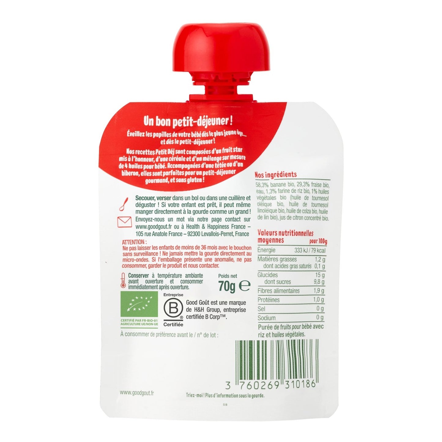 Compote à Boire Bébé Dès 6 Mois Fraise le Petit Déj Fraise Bio GOOD GOUT