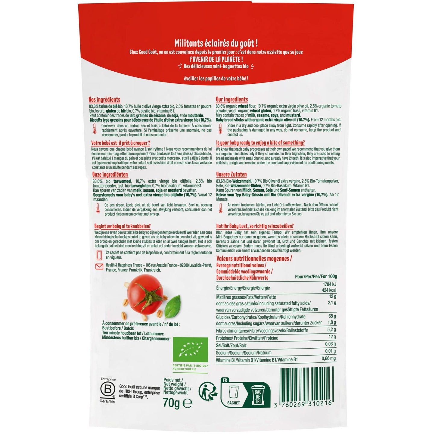 Biscuits Bébé Dès 12 Mois Tomate Mini-Baguettes Bio GOOD GOUT