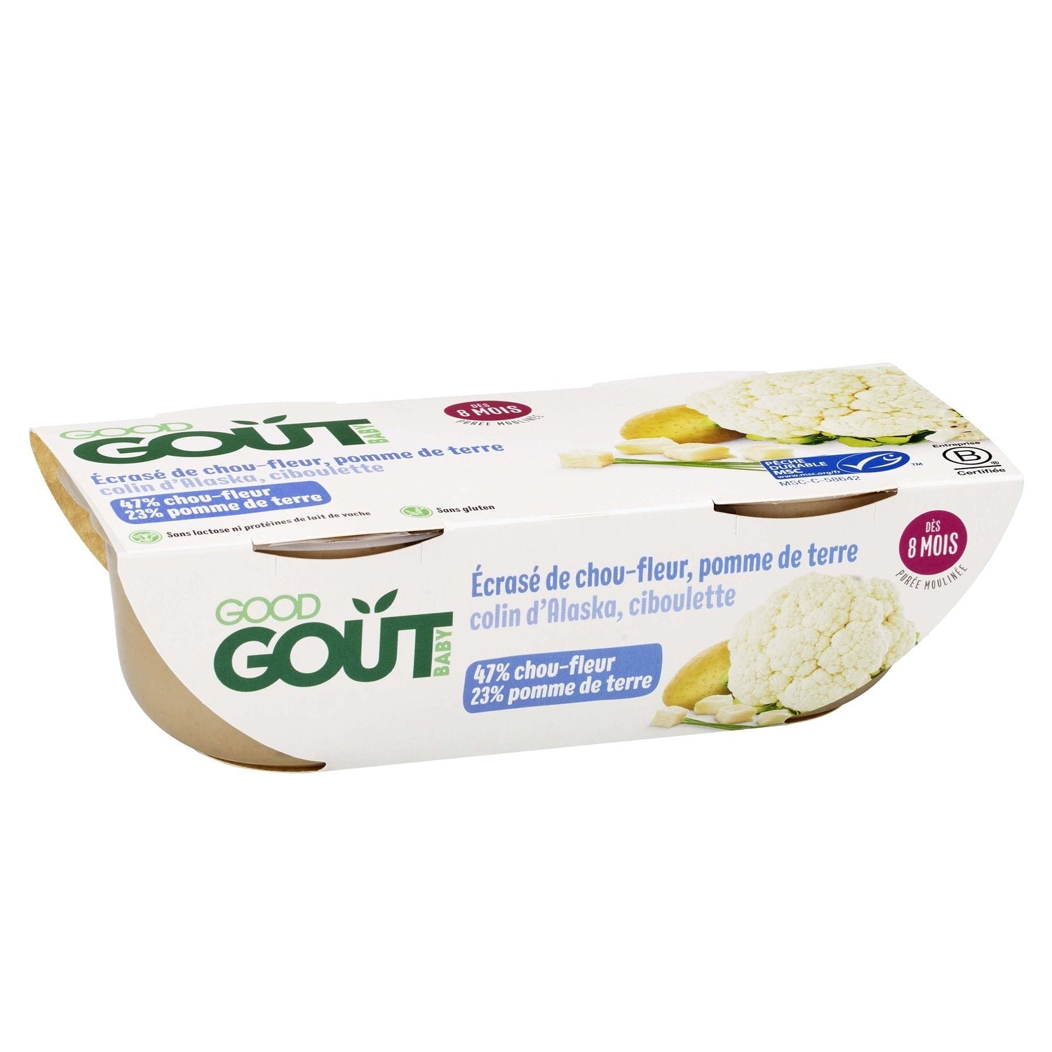 Plat Bébé Dès 8 Mois Écrasé de Chou-Fleur Pomme de Terre et Colin d'Alaska Bio Good Goût GOOD GOUT Les 2 Bols De 190g