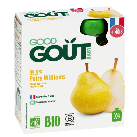 Compotes Bébé Dès 4 Mois Poire Williams Sans Sucres Ajoutés Bio GOOD GOUT Les 4 Gourdes De 85g