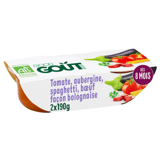 Plat Bébé Dès 8 Mois Tomate Aubergine Spaghetti Bœuf Façon Bolognaise Bio GOOD GOUT Le Bol De 380g