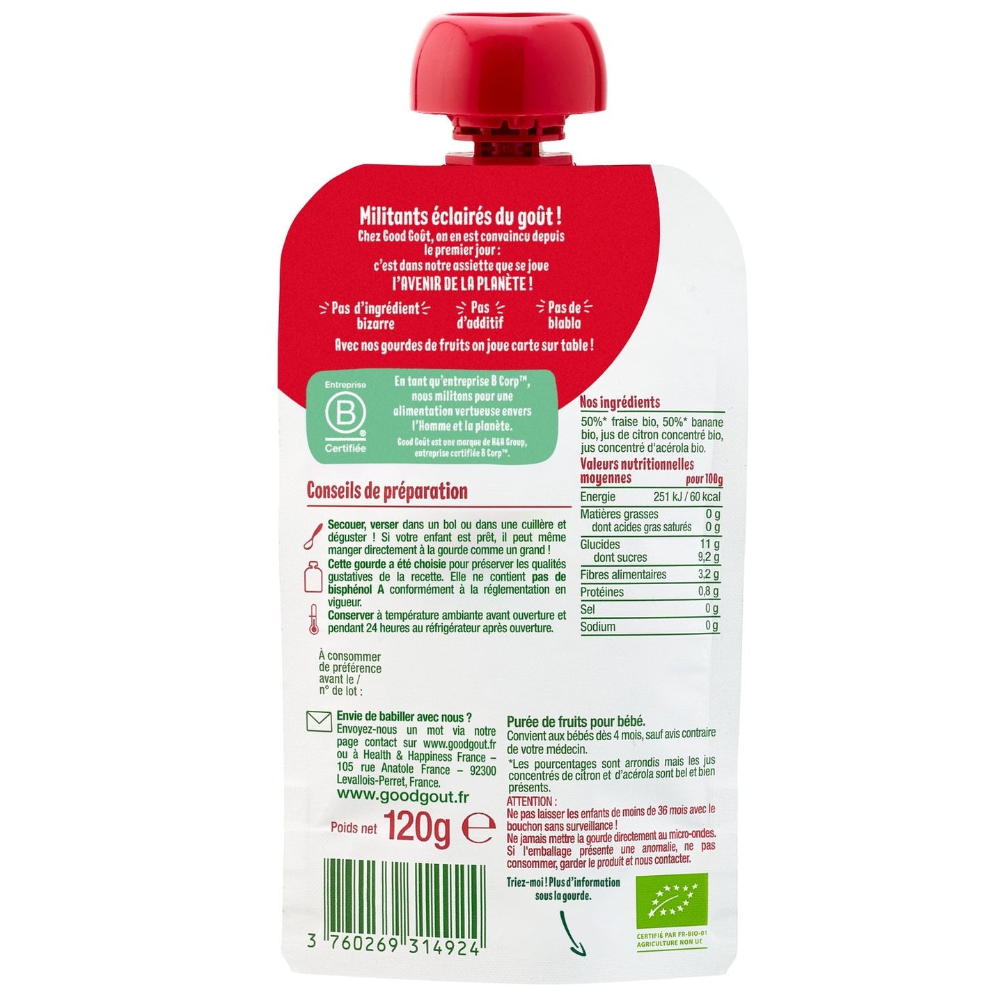 Compotes Bébé Dès 4 Mois Fraise Banane Sans Sucres Ajoutés Bio GOOD GOUT