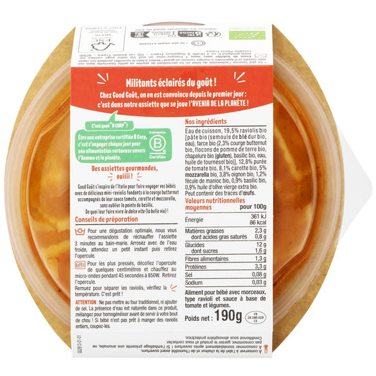 Baby Meal From 12 Months Mini-Ravioli Butternut Tomato Sauce Carrot Mozzarella Organic GOOD GOUT