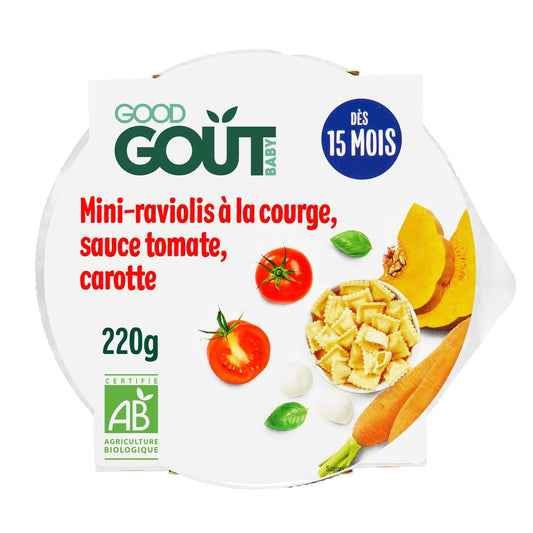 Plat Bébé Dès 12 Mois Mini-Raviolis Butternut Sauce Tomate Carotte Mozzarella Bio GOOD GOUT Le Bol De 190g