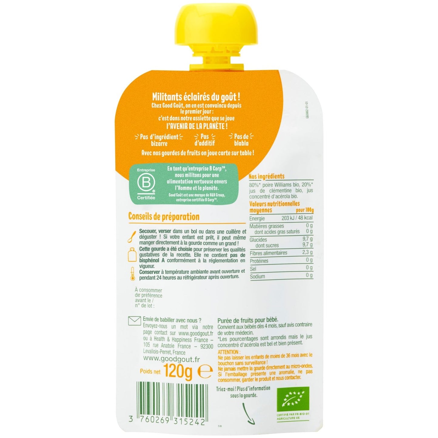 Compotes Bébé Dès 4 Mois Poire Williams Clémentine Bio GOOD GOUT