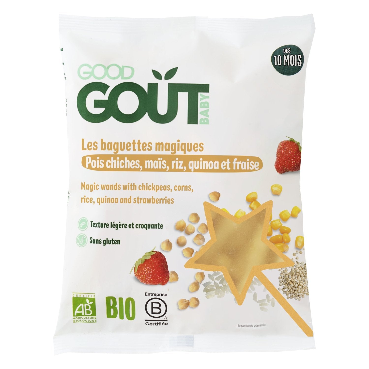 Pois Chiches pour Bébé Dès 10 Mois Maïs Riz Quinoa et Fraise Sans Gluten GOOD GOUT le paquet de 35g