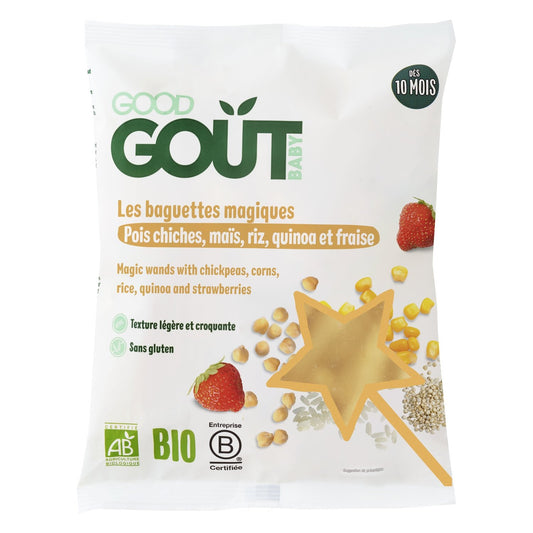 Pois Chiches pour Bébé Dès 10 Mois Maïs Riz Quinoa et Fraise Sans Gluten GOOD GOUT le paquet de 35g