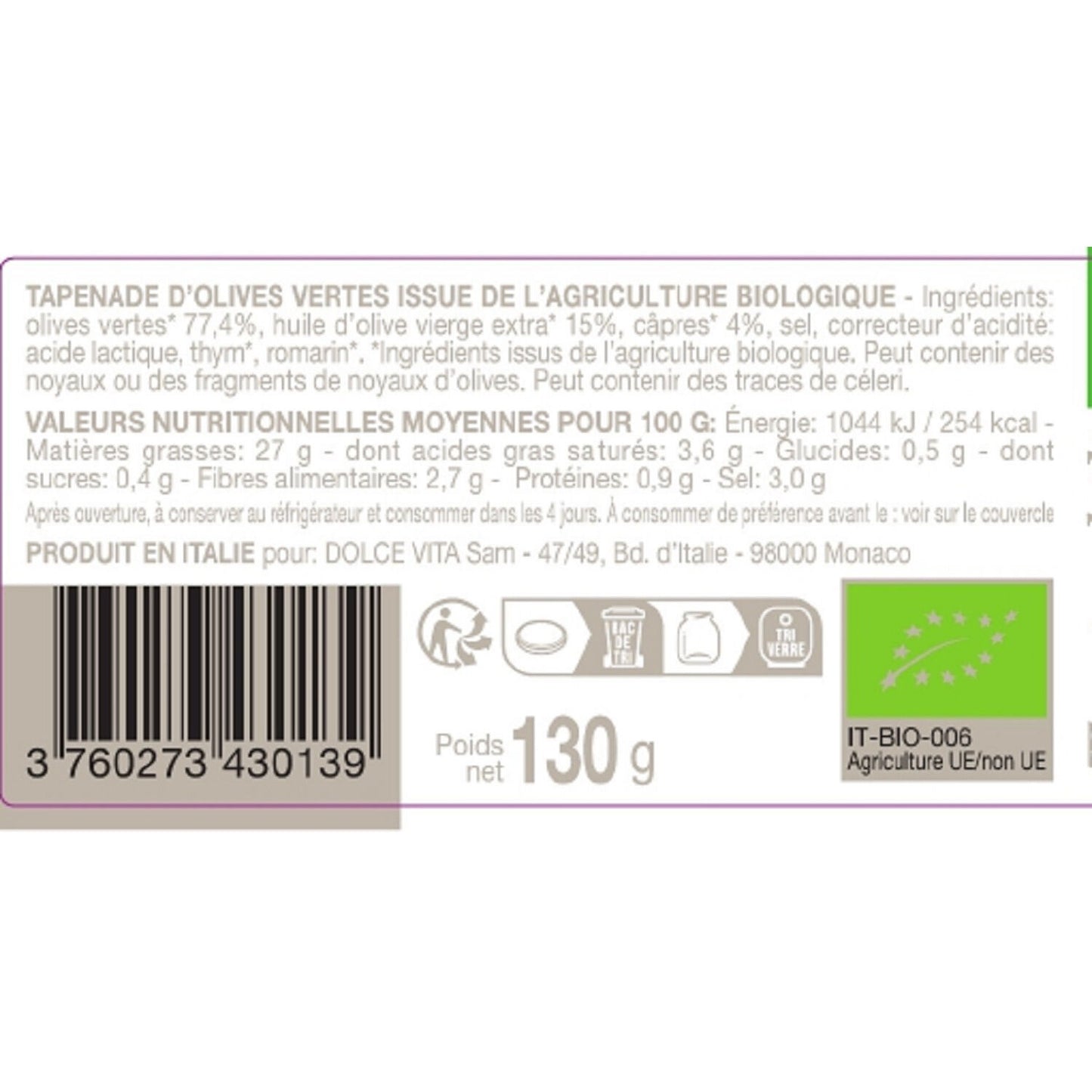 DIVINE ORGANIC Green Olive Tapenade