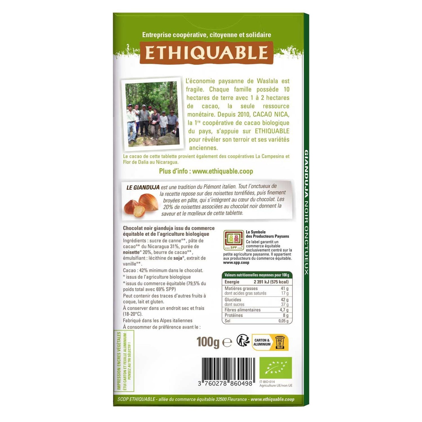 Organic Smooth Nicaraguan Gianduja Dark Chocolate Bar ETHIQUABLE
