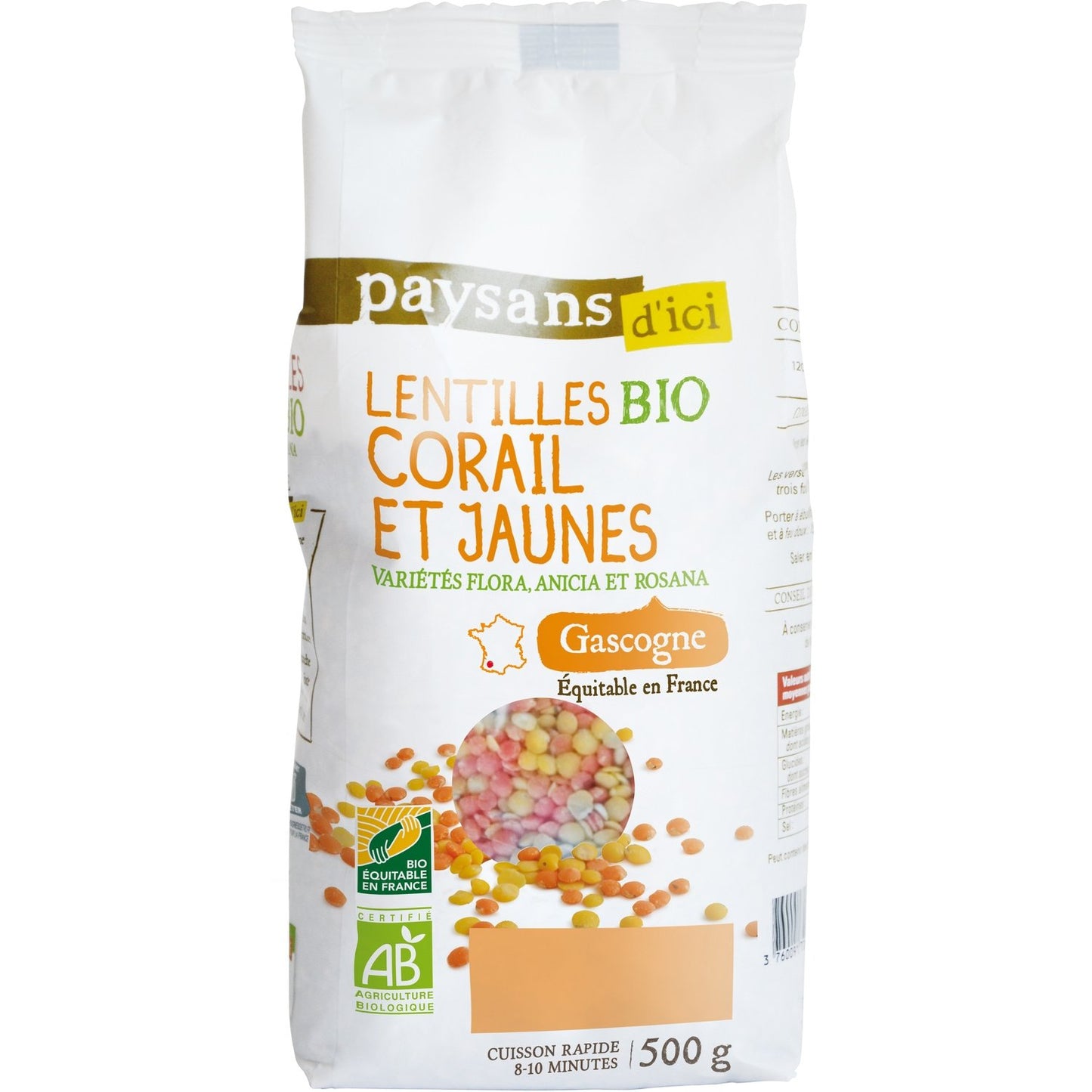 Lentilles Duo Corail Jaune Gascogne Bio PAYSANS D'ICI le paquet de 500g