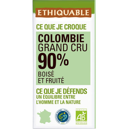 Tablette de Chocolat Noir 90% Colombie Bio ETHIQUABLE 