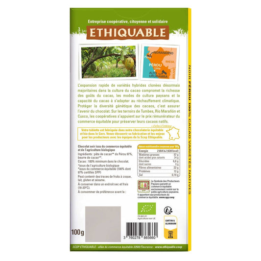Chocolat Noir 100% Cacao Rond et Chocolaté Pérou Bio ETHIQUABLE