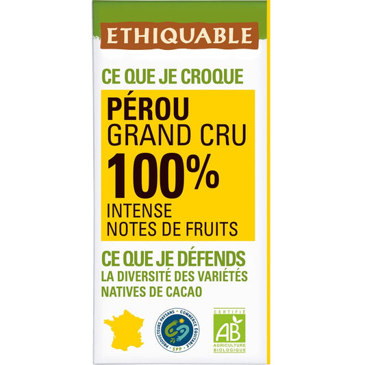 Chocolat Noir 100% Cacao Rond et Chocolaté Pérou Bio ETHIQUABLE