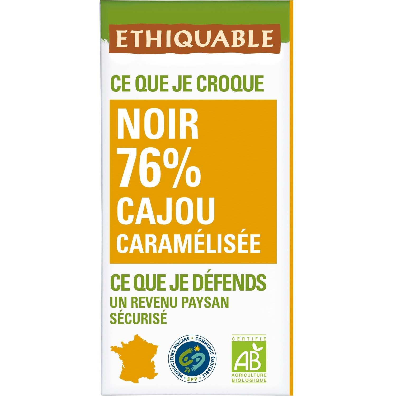 Tablette de Chocolat Noir 76% Noix de Cajou Caramélisée Togo ETHIQUABLE 