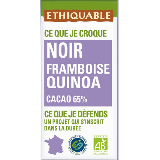 Tablette de Chocolat Noir Framboise Quinoa Bio ETHIQUABLE la tablette de 100g
