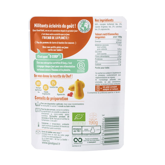 Plat Bébé Dès 6 Mois Courge Butternut et Sauté d'Agneau Bio GOOD GOUT