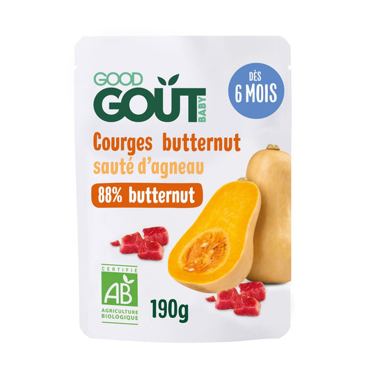 Plat Bébé Dès 6 Mois Courge Butternut et Sauté d'Agneau Bio GOOD GOUT Le Sachet De 190g