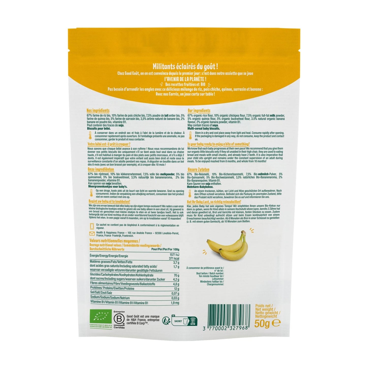 Biscuits Bébé Dès 8 Mois A la Banane Sans Sucres Ajoutés Bio les Carrés GOOD GOUT