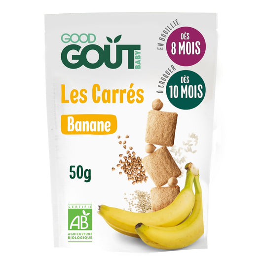 Biscuits Bébé Dès 8 Mois A la Banane Sans Sucres Ajoutés Bio les Carrés GOOD GOUT Le Sachet De 50g