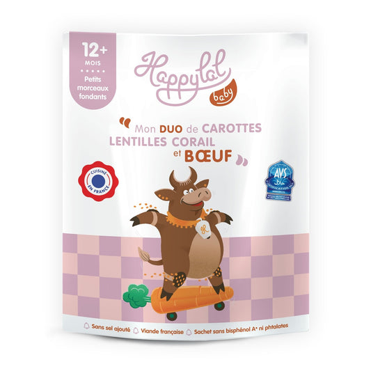 Plat Bébé Dès 12 Mois Carottes Lentilles Corail Bœuf Halal HAPPYLAL BABY la barquette de 220g