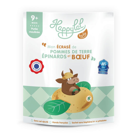Plat Bébé Dès 9 Mois Écrasé de Pommes de Terre Épinards & Bœuf HAPPYLAL BABY le paquet de 190g
