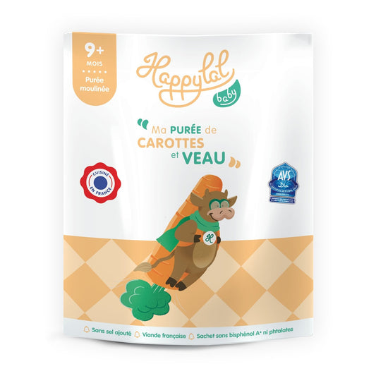Plat Bébé Dès 9 Mois Purée de Carottes et Veau HAPPYLAL BABY le sachet de 190g