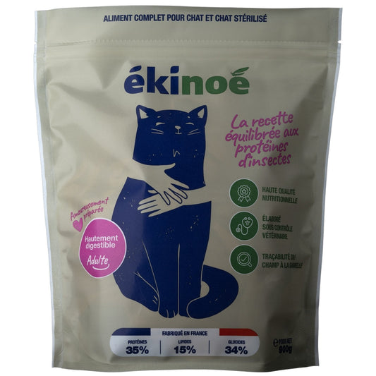 Croquettes pour Chat Adulte Stérilisé Protéines d'Insectes EKINOE Le sac de 900g
