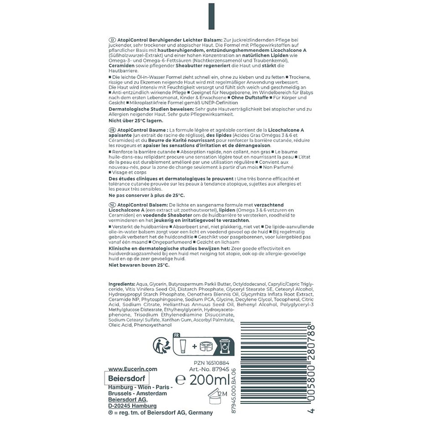Baume Corps Peaux Atopiques Sèches et Sensibles Irritations et Démangeaisons Apaisant et Nourrissant Non Parfumé Atopi Control EUCERIN