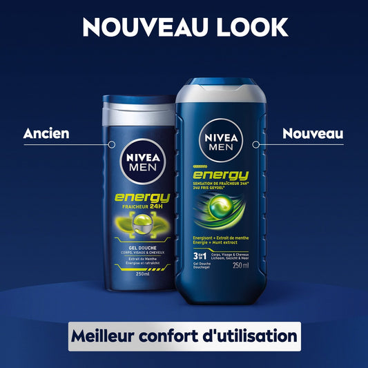 NIVEA Energy 3 in 1 Men's Shower Gel for Body, Hair, and Mint Freshness