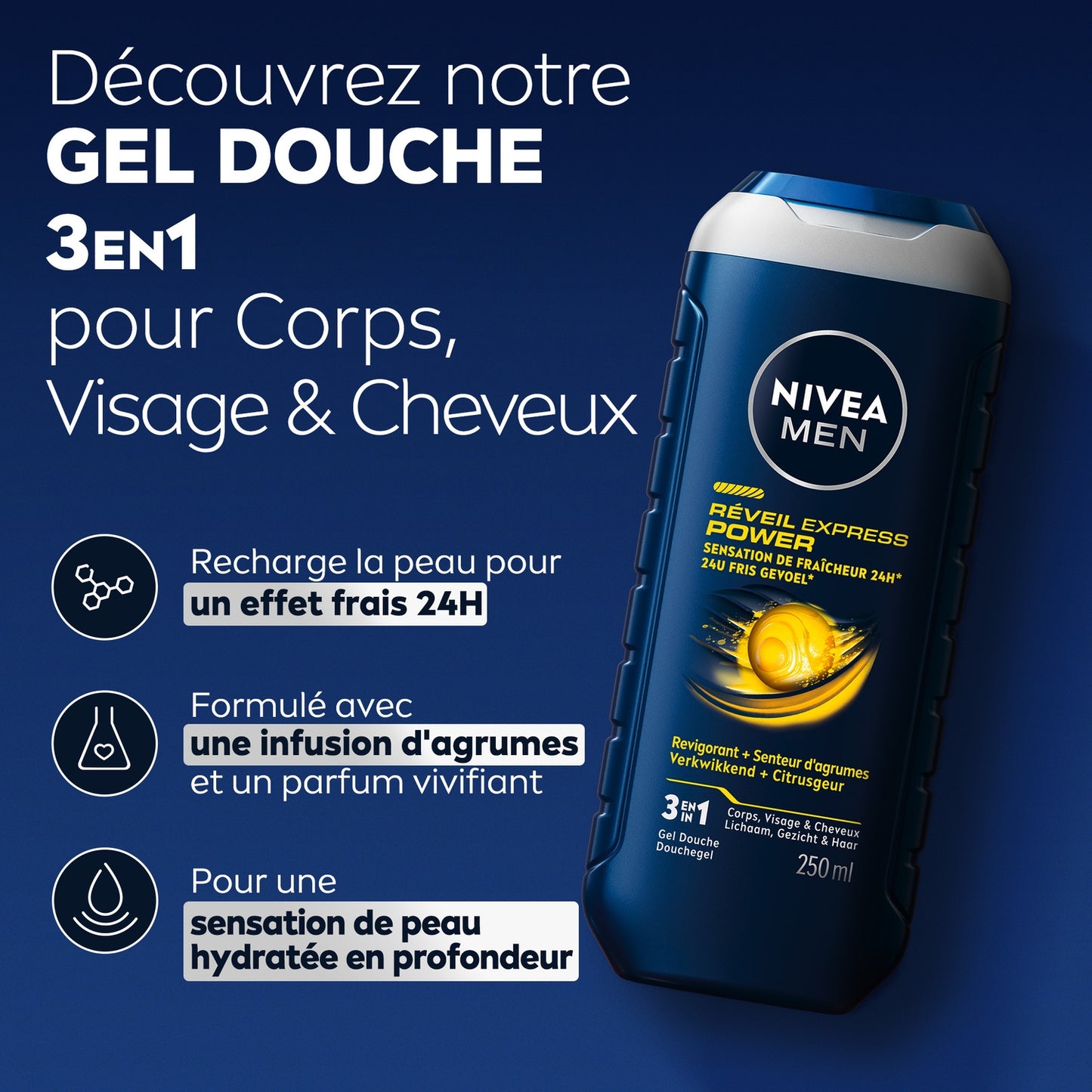 Gel douche Homme Corps Visage Cheveux Réveil Express Fraîcheur 24h NIVEA 
