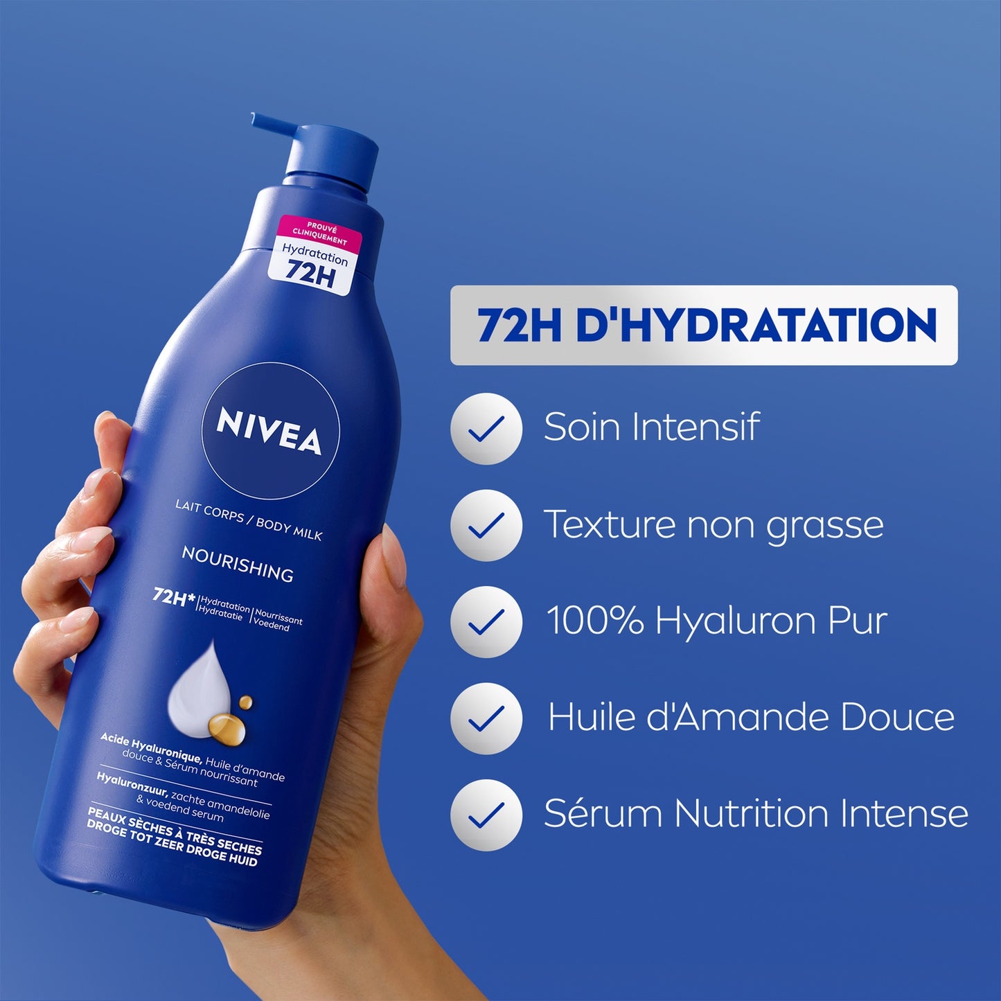 Lait Corps Peau Sèche et Très Sèche Hydratation 72h Huile d'Amande Douce NIVEA 