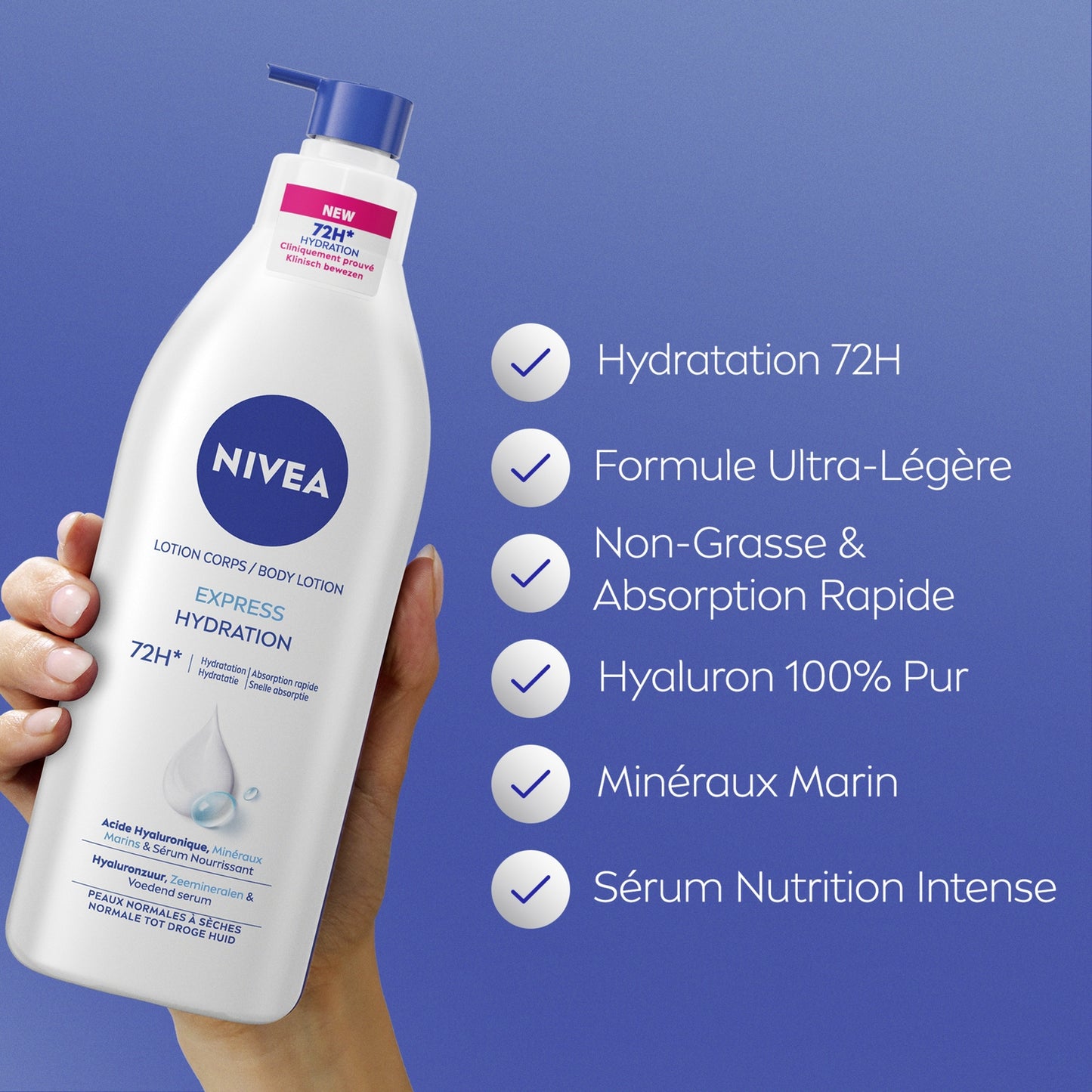 Bodylotion für normale bis trockene Haut, 72 Stunden Feuchtigkeit, Hyaluronsäure und Meeresmineralien, NIVEA