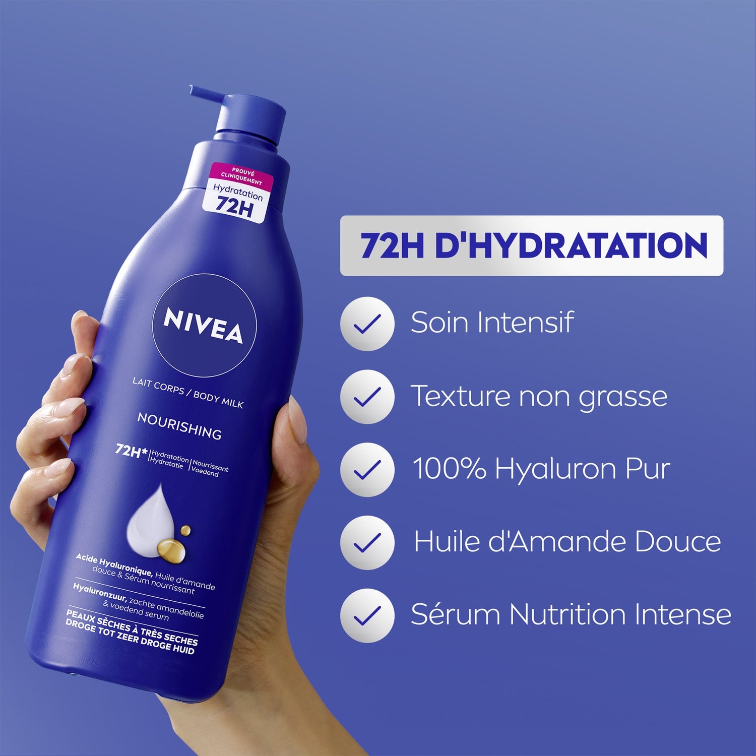 Lait Corps Peau Sèche à Très Sèche Hydratation 72h Huile d'Amande Douce et Acide Hyaluronique NIVEA 