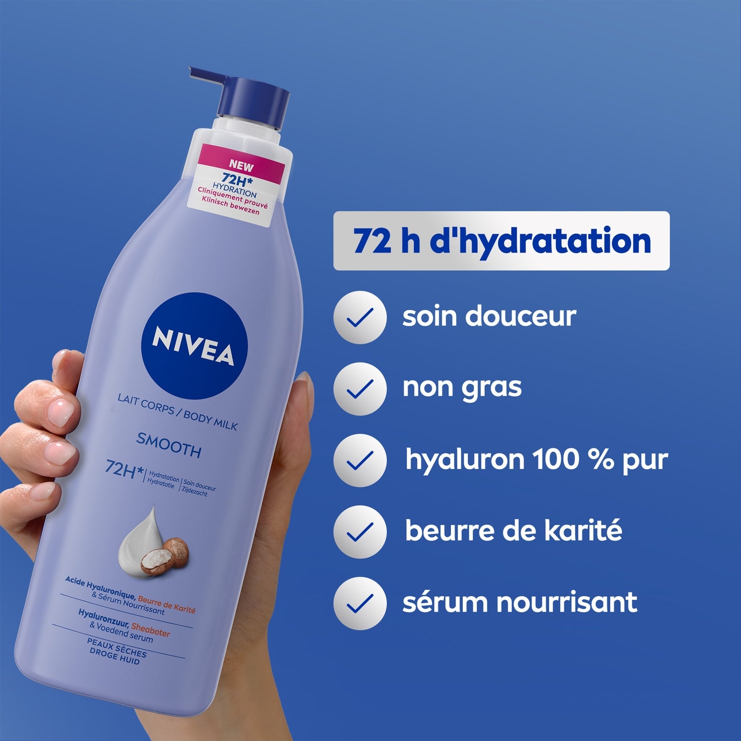 Lait Corps Peau Sèche à Très Sèche 72h Acide Hyaluronique Beurre de Karité et Sérum Nourrissant NIVEA 