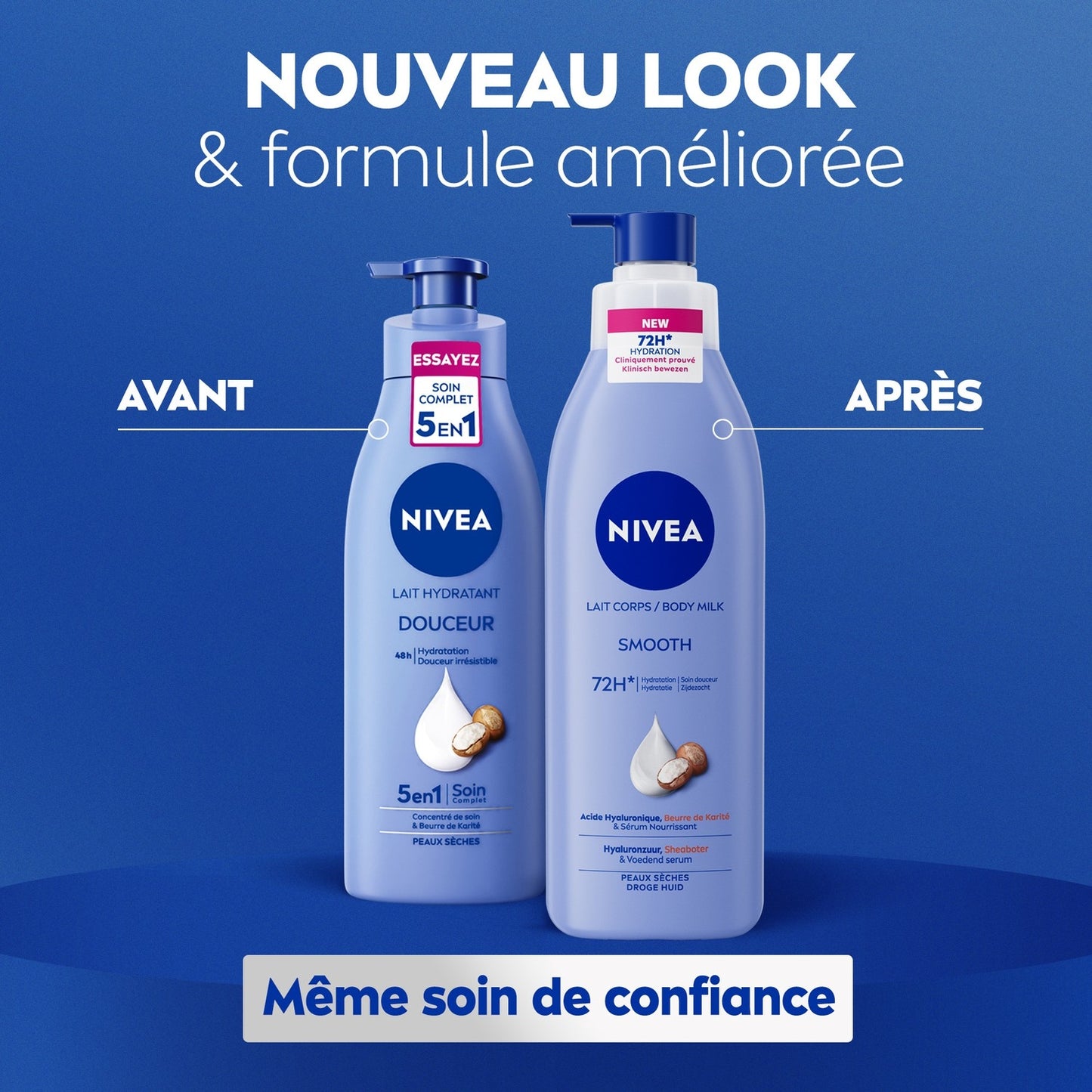 Lait Corps Peau Sèche à Très Sèche 72h Acide Hyaluronique Beurre de Karité et Sérum Nourrissant NIVEA 
