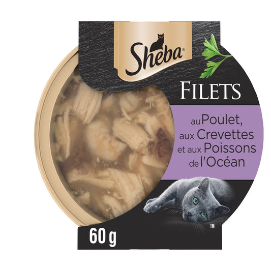 Pâtée pour Chat Adulte Filets Poulet Crevettes Poisson SHEBA la barquette de 60g