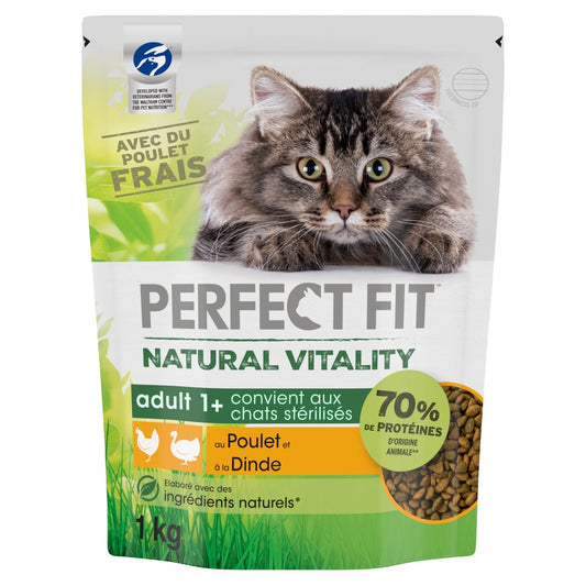 Croquettes pour Chat Adulte Stérilisé Poulet Dinde Natural Vitality PERFECT FIT le sac de 1kg