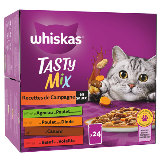 Pâtée pour Chat Adulte en Sauce Agneau Poulet Carottes Poulet Dinde Canard Boeuf Volaille Tasty Mix Recettes de Campagne WHISKAS la boîte de 24 sachets fraîcheur