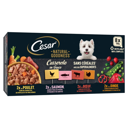 Pâtée pour Chien Adulte Casserole en Sauce Sans Céréales Poulet Dinde Boeuf Saumon Natural Goodness CESAR la boîte de 8 barquettes