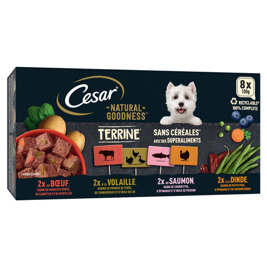 Pâtée pour Chien Adulte Terrine Sans Céréales Boeuf Volaille Saumon Dinde Natural Goodness CESAR la boite de 800g