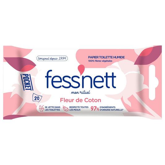 Papier Toilette Humide Fleur de Coton Pocket FESS'NET le paquet de 20 lingettes
