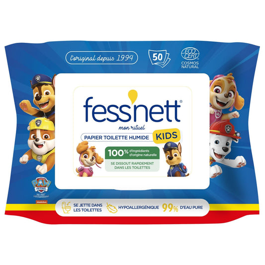 Papier Toilette Humide 99% Eau Pure Biodégradables Kid FESS'NET le paquet de 50 lingettes